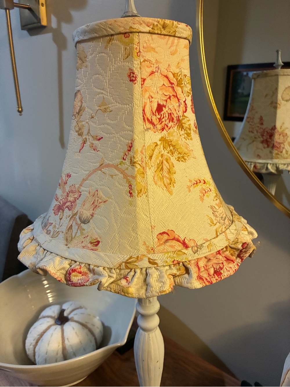 Floral Ruffled Fabric Table Lamp Shade - Cream and Pink